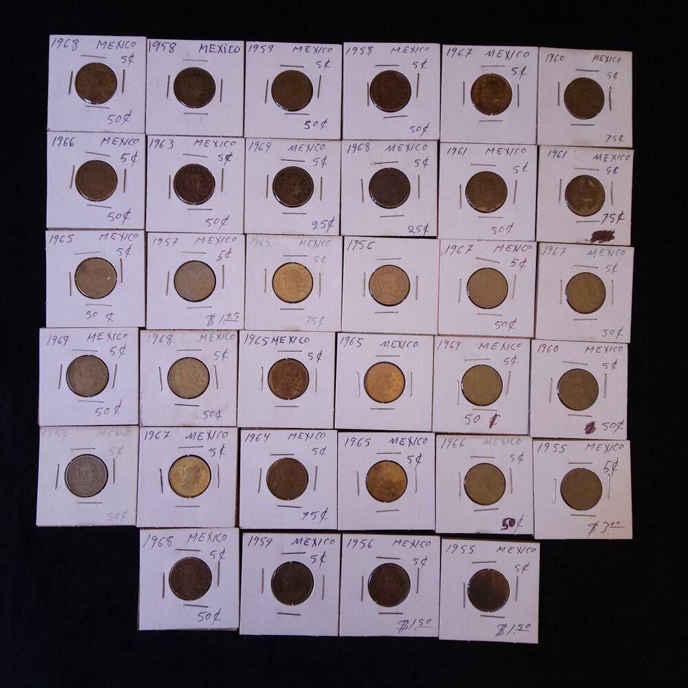Mexico Lot 1955 - 1969 Cinco Centavos Coin Vintage Brass Mexican World 34 coins
